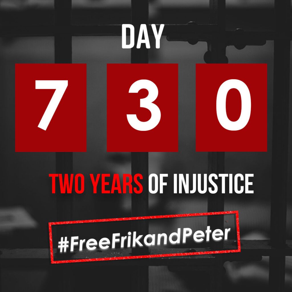 A campaign image marking 730 days, or two years, of injustice for Frik and Peter, with the hashtag #FreeFrikandPeter.