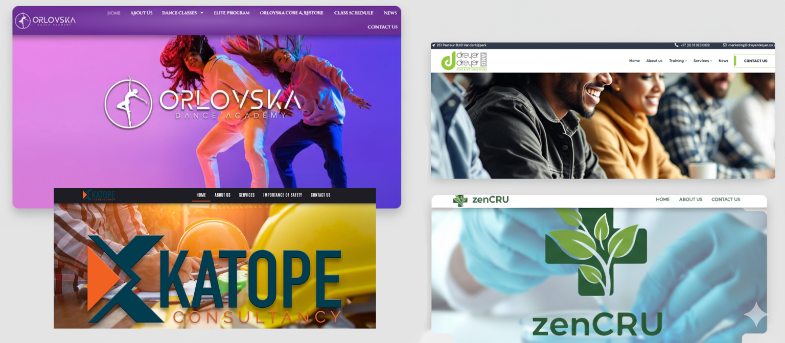 A collage of four websites designed by Zebra Crossing World, including Orlovska Dance Academy, Dreyer & Dreyer, ZenCRU, and Katope Consultancy.