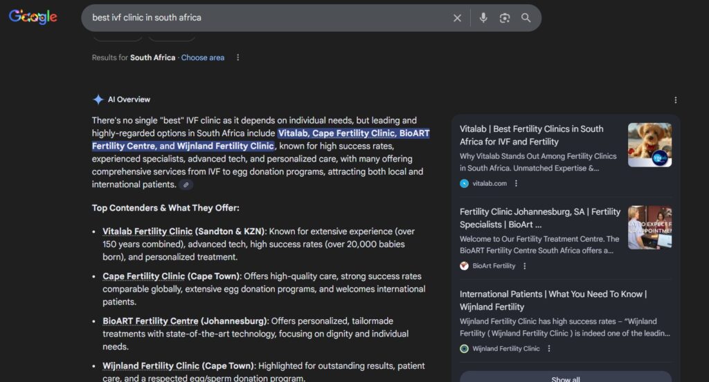 results showing AI SEO for Vitalab Fertility clinic as the best fertility ckinic in South Africa. Work done by ZebraCrossing World